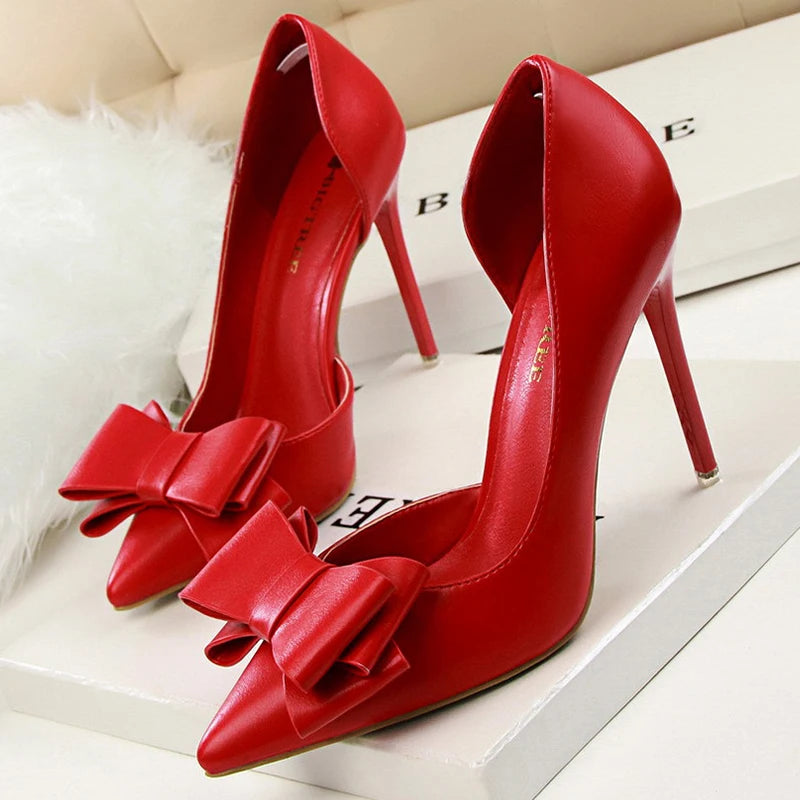 Shoes Bow-knot Woman Pumps Stiletto 10.5 Cm Women Basic Pump Pointed Toe Classic Pumps Sexy High Heels Women Shoes