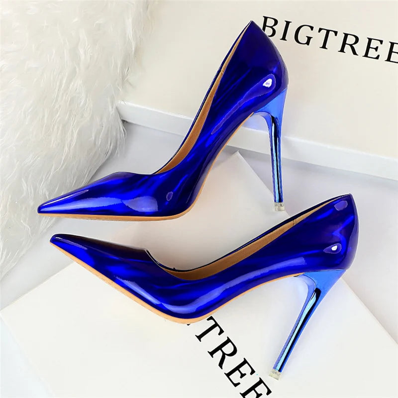 Women 10.5cm High Heels Blue Green Valentine Pumps Luxury Glossy Stripper Stiletto Wedding Bridal Fetish Shoes Plus Size 43