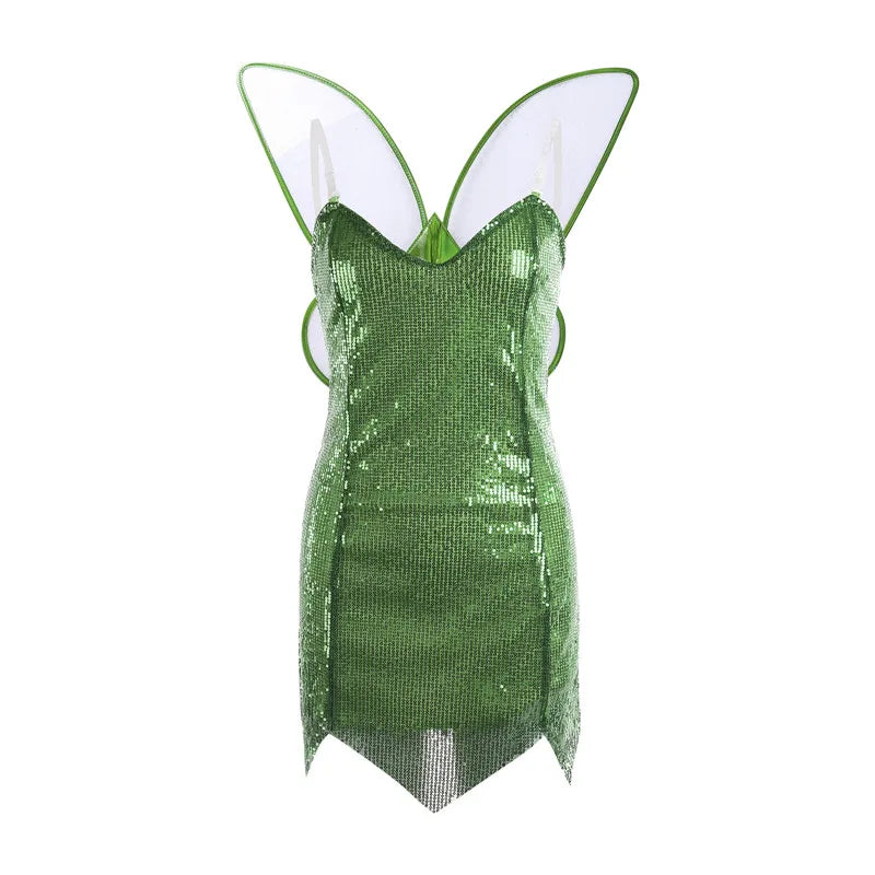 Forest Fairy Costume for Women Princess Green Strapless Sleeveless Bodycon Dresses with Butterfly Wings Cosplay Outfits