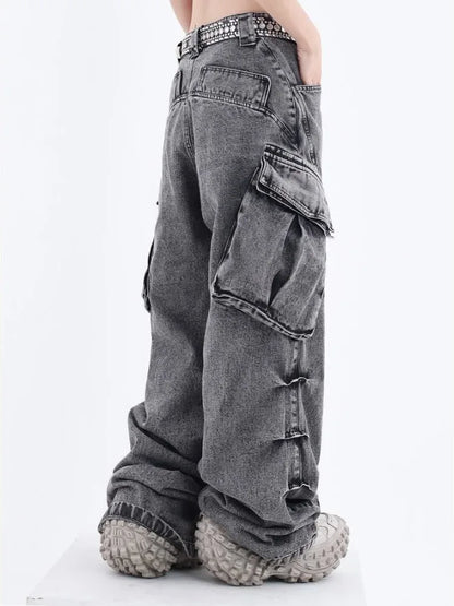 Grunge Cargo Women Wide Baggy Vintage Oversize Denim Distressed Pant