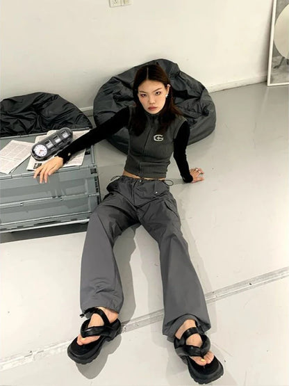 Hippie Vintage Gray Cargo Y2K Streetwear Baggy Techwear Wide Leg Sweatpant