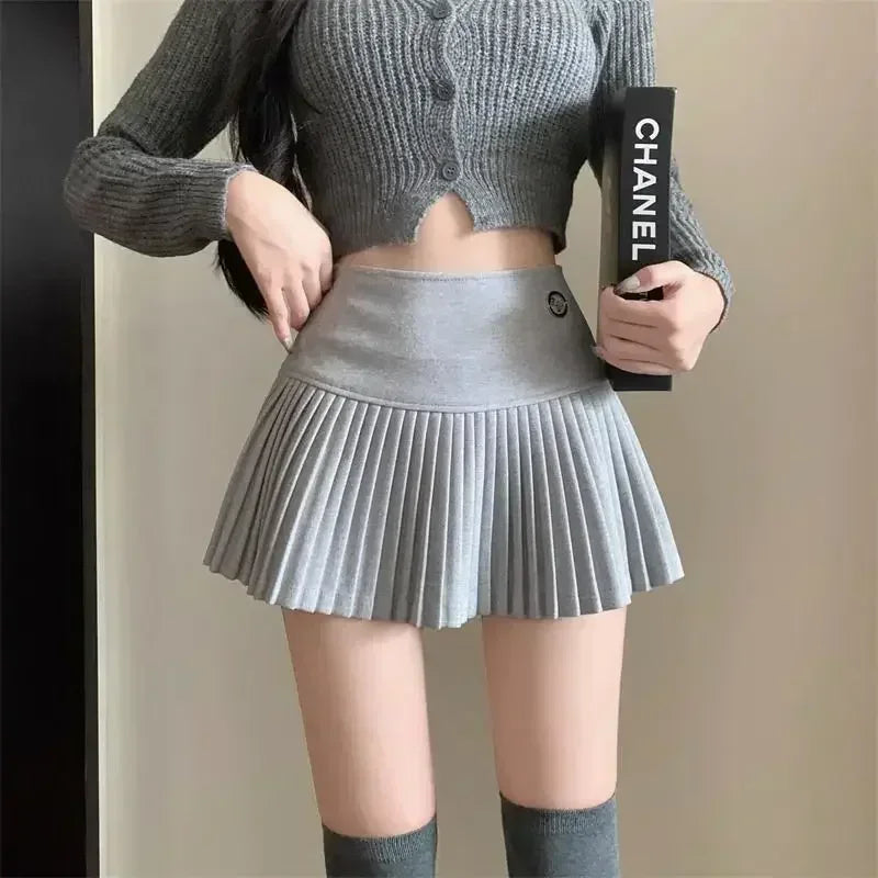 Woolen Pleated Cute High Waist A-line Patchwork Vintage Skirt