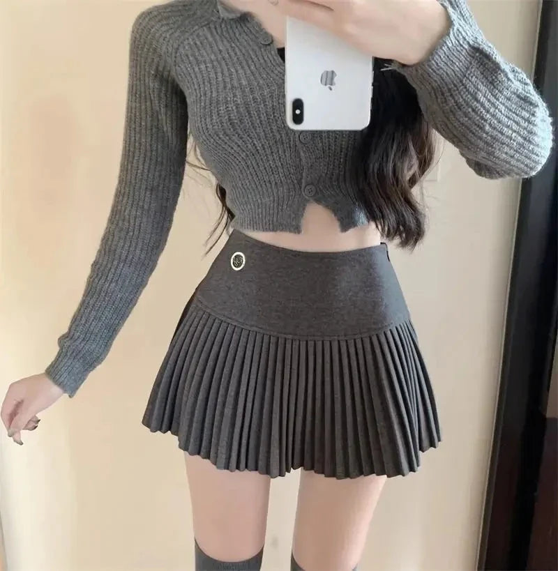 Woolen Pleated Cute High Waist A-line Patchwork Vintage Skirt