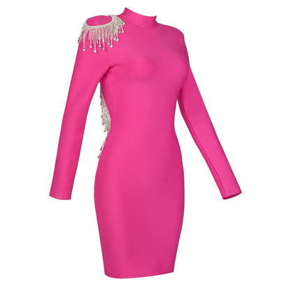 Crystal Fringe Open Back Mock Neck Long Sleeve Bodycon Dress