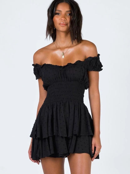 Off Shoulder Swiss Dot Smocked Waist Tiered Ruffle Mini Dress