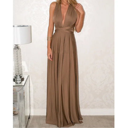 Convertible Wrap Strap Halter Waist Band High Slit Swing Maxi Dress