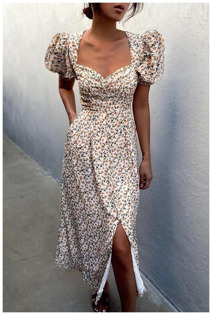 Daisy Floral Puff Sleeve Smocked Square Neck Side Slit Midi Dress