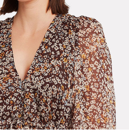 Floral Print V-Neck Lantern Sleeve Tiered Ruffle Chiffon Mini Dress