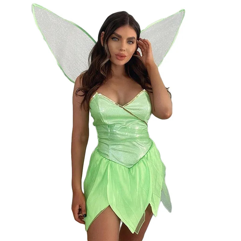 Forest Fairy Costume for Women Princess Green Strapless Sleeveless Bodycon Dresses with Butterfly Wings Cosplay Outfits