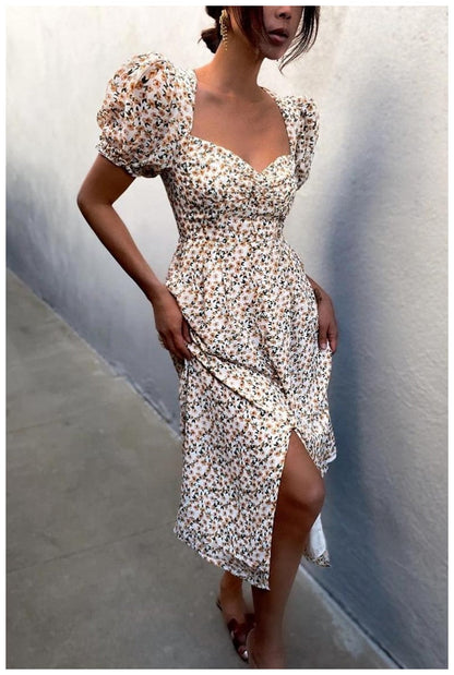 Daisy Floral Puff Sleeve Smocked Square Neck Side Slit Midi Dress