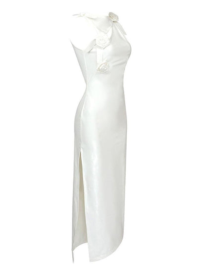 Strapless Rosette Applique Faux Leather Ruched Side Slit Midi Dress