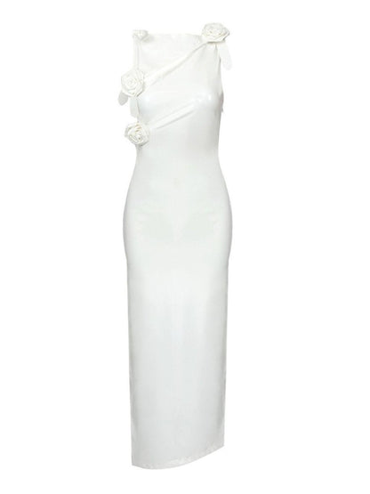 Strapless Rosette Applique Faux Leather Ruched Side Slit Midi Dress