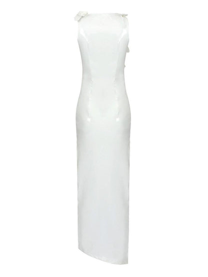 Strapless Rosette Applique Faux Leather Ruched Side Slit Midi Dress