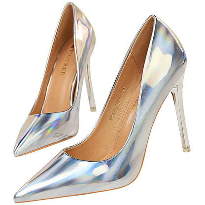 Women 10.5cm High Heels Blue Green Valentine Pumps Luxury Glossy Stripper Stiletto Wedding Bridal Fetish Shoes Plus Size 43