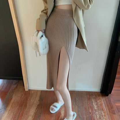 High Waist Knitted Elastic Temperament Thin Split Slim Skirt