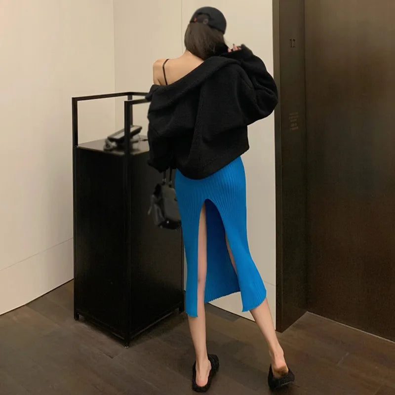 High Waist Knitted Elastic Temperament Thin Split Slim Skirt