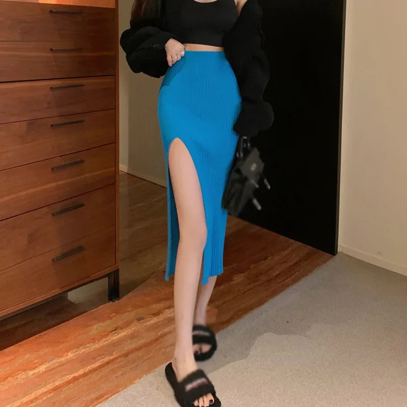 High Waist Knitted Elastic Temperament Thin Split Slim Skirt