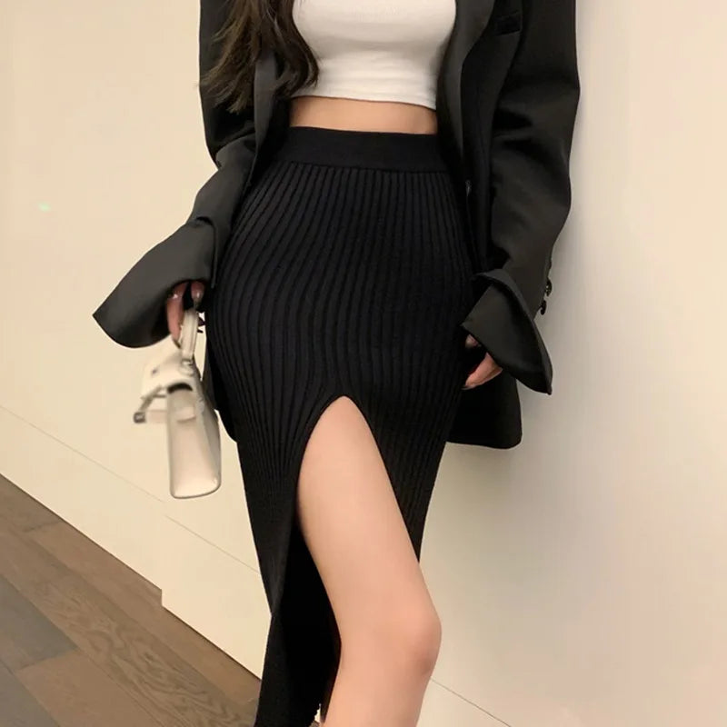 High Waist Knitted Elastic Temperament Thin Split Slim Skirt
