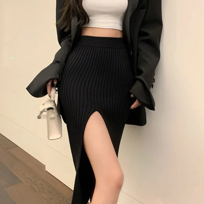 High Waist Knitted Elastic Temperament Thin Split Slim Skirt