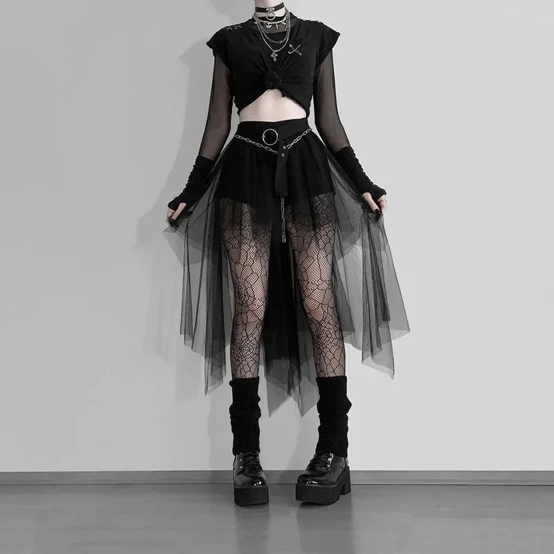 High Waisted Irregular Net Yarn Summer Gothic Casual Clothes Skirt