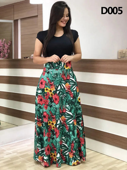 Tropical Floral Print Short Sleeve Round Neck High Waist Maxi Dress