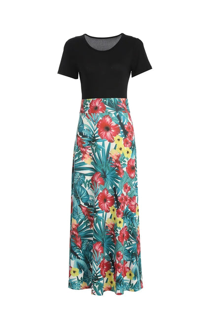 Tropical Floral Print Short Sleeve Round Neck High Waist Maxi Dress