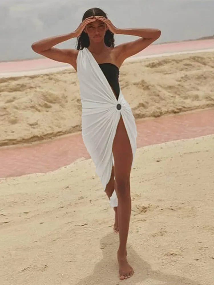 One Shoulder Side Cutout Gathered Brooch High Slit Maxi Dress