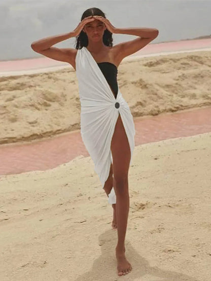 One Shoulder Side Cutout Gathered Brooch High Slit Maxi Dress
