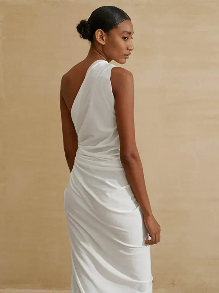 One Shoulder Side Cutout Gathered Brooch High Slit Maxi Dress