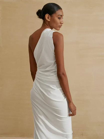 One Shoulder Side Cutout Gathered Brooch High Slit Maxi Dress