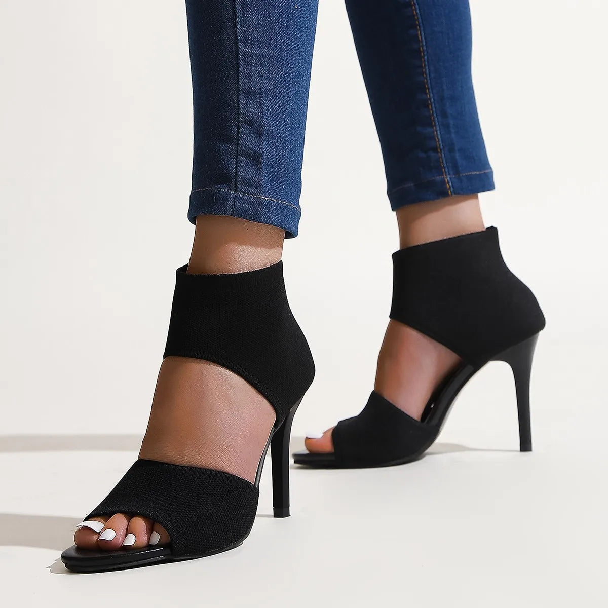 Hot Designer Knitted High Heel Open Toe Leopard Print High Heel
