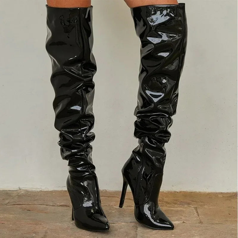 Modern Hot Autumn Winter Patent Leather Over-the-knee Slim High Heel