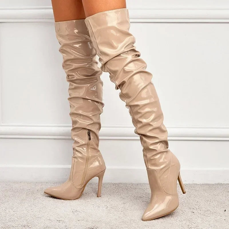 Modern Hot Autumn Winter Patent Leather Over-the-knee Slim High Heel