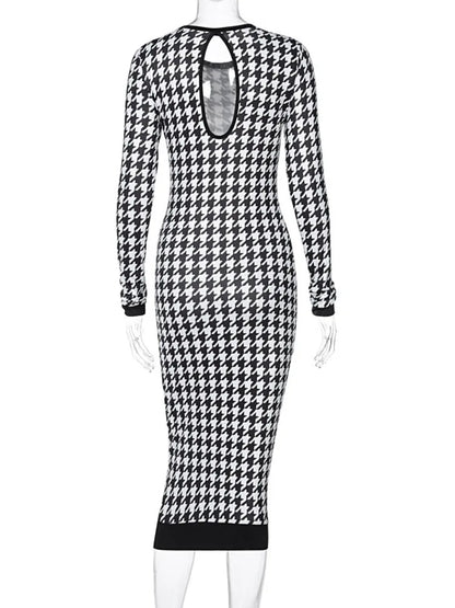 Houndstooth Print Long Sleeve Crew Neck Bodycon Midi Dress