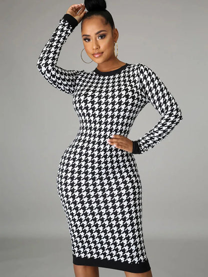 Houndstooth Long Sleeve Hollow Out Bodycon Autumn Winter Club Elegant Slim Midi Dresses