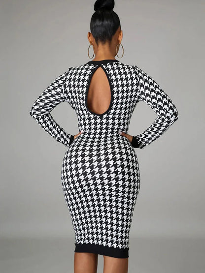 Houndstooth Long Sleeve Hollow Out Bodycon Autumn Winter Club Elegant Slim Midi Dresses