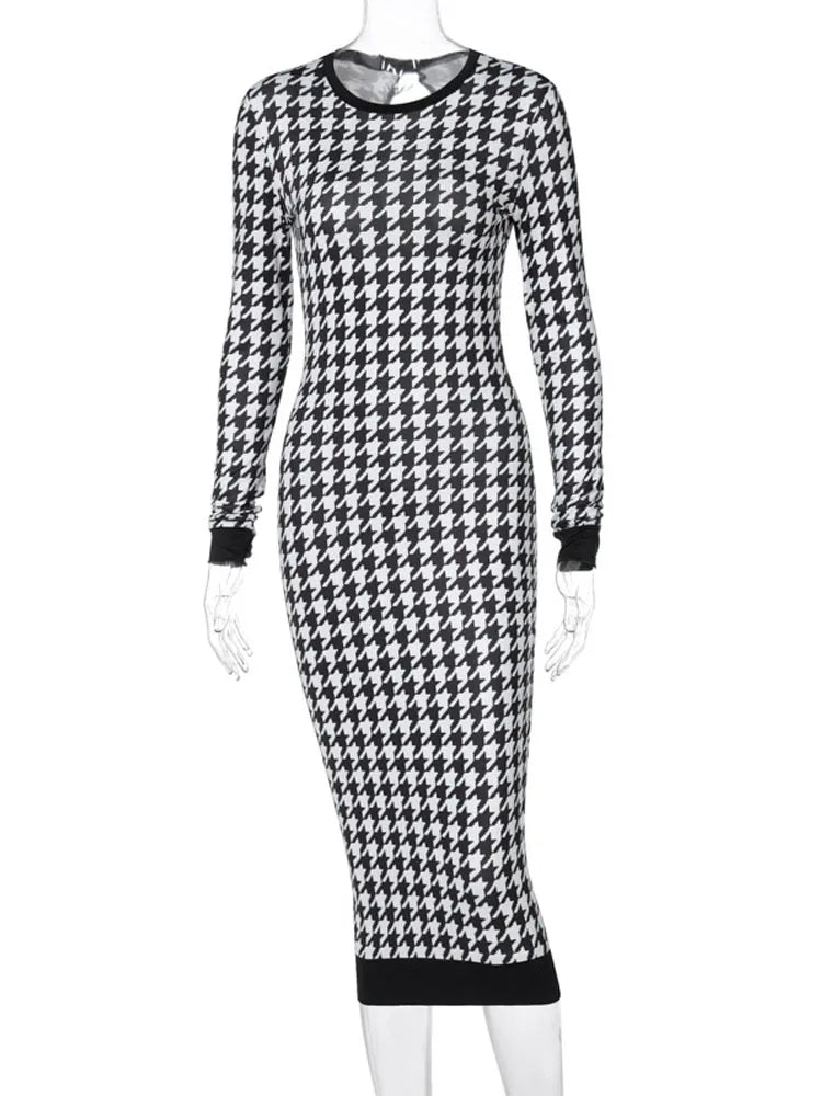 Houndstooth Long Sleeve Hollow Out Bodycon Autumn Winter Club Elegant Slim Midi Dresses