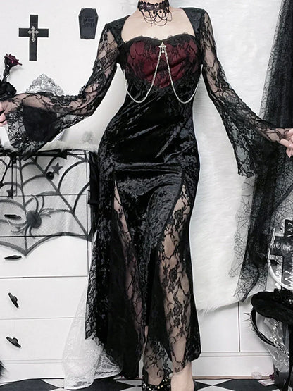 Crushed Velvet Lace Panel Bell Sleeve Chain Cross Sweetheart Maxi Dress