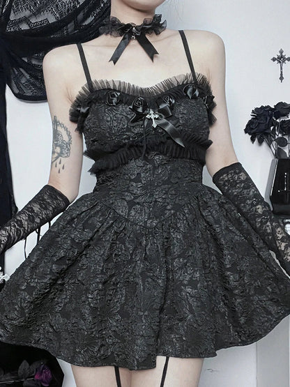 Sweetheart Jacquard Floral Lace Trim Corset Bodice Flared Mini Dress