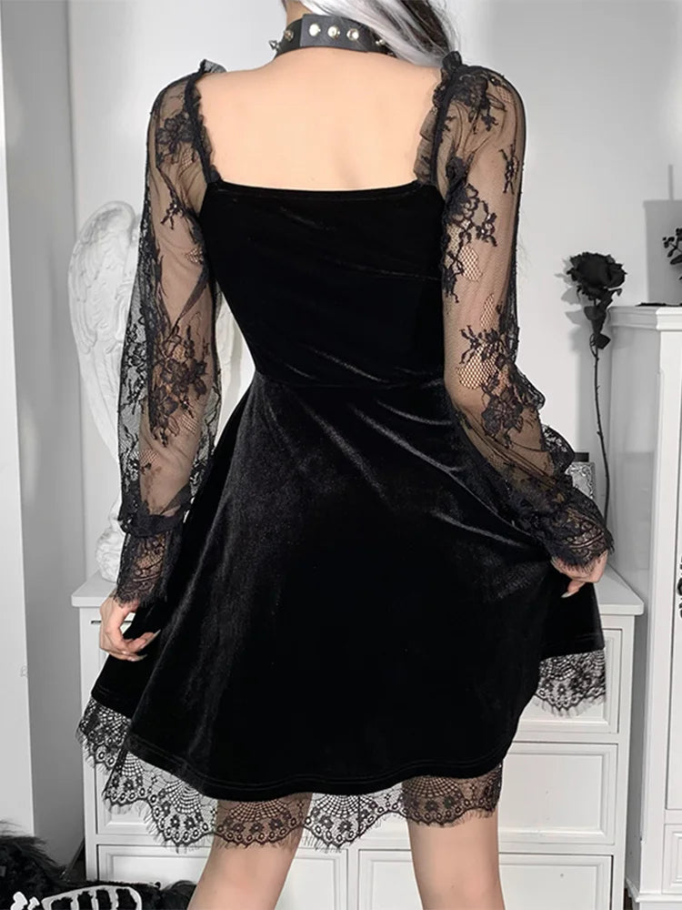 Velvet Sweetheart Lace Trim Crescent Moon Charm Bell Sleeve Skater Mini Dress