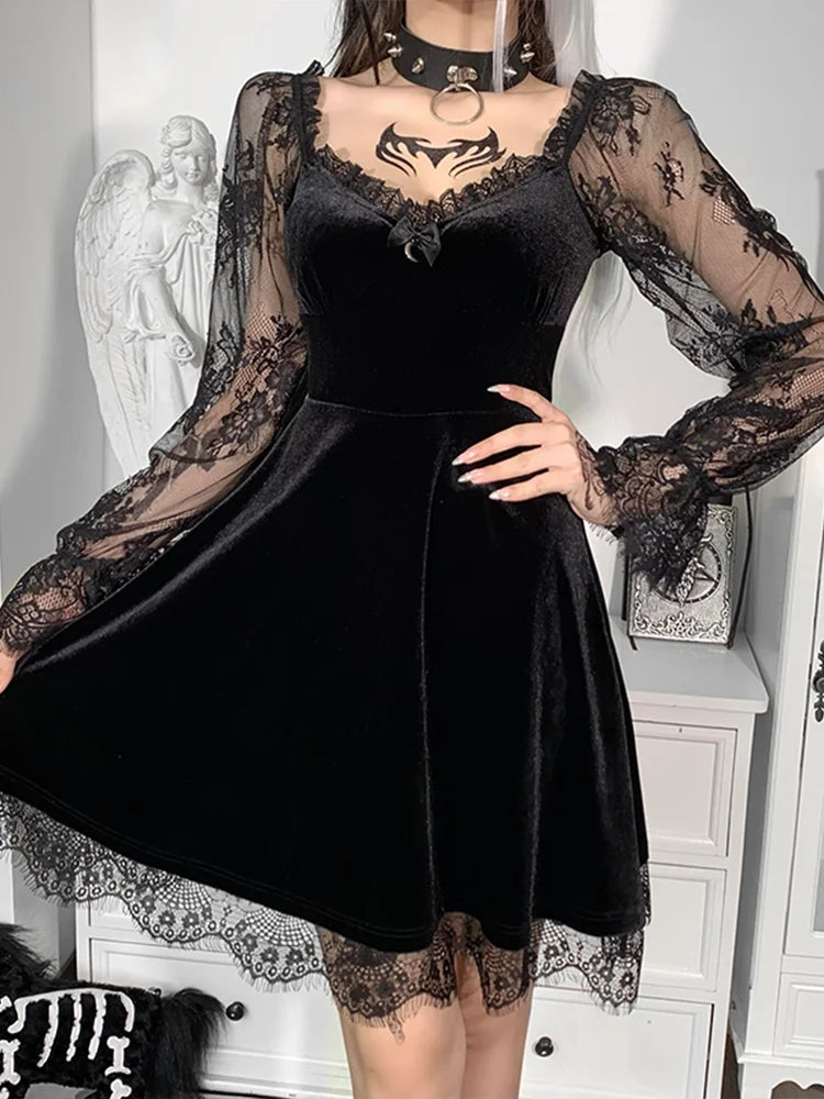 Moon Black Grunge Dark V Neck Aesthetic Vintage Mini Long Sleeve Autumn Dress