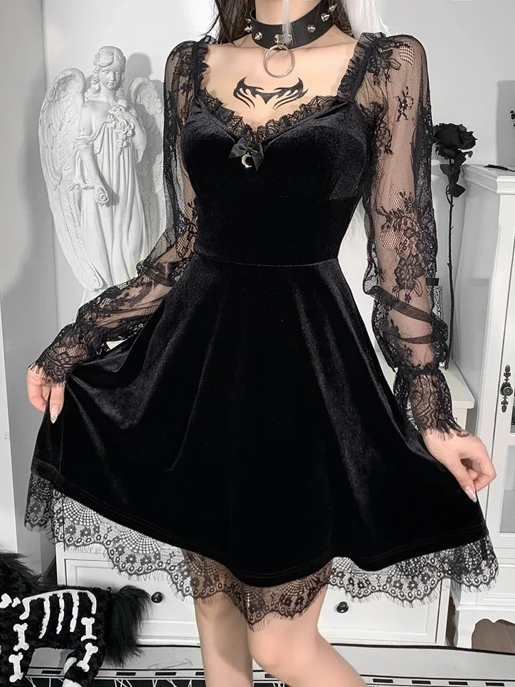 Moon Black Grunge Dark V Neck Aesthetic Vintage Mini Long Sleeve Autumn Dress