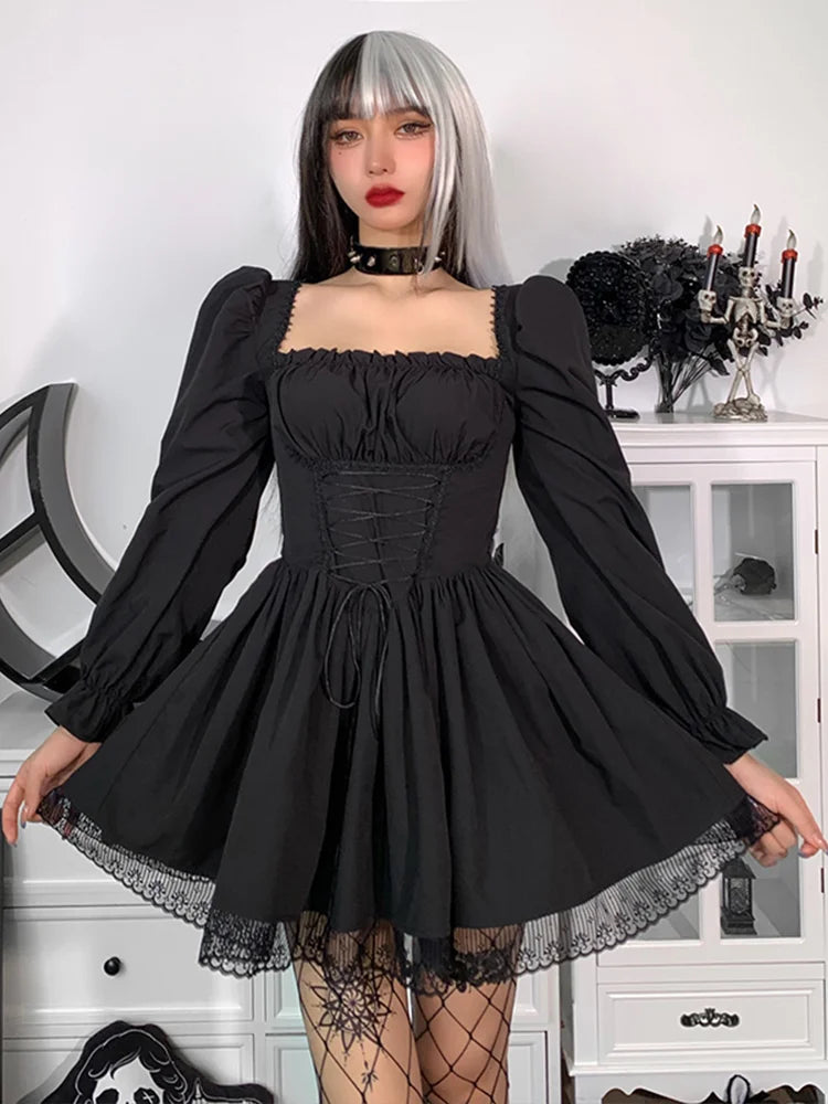 Spaghetti Strap Lace Satin Slip Party Mini Harajuku Vintage Square Collar Puff Sleeve Dress