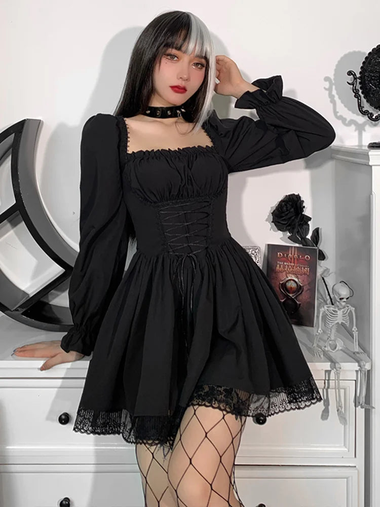 Spaghetti Strap Lace Satin Slip Party Mini Harajuku Vintage Square Collar Puff Sleeve Dress