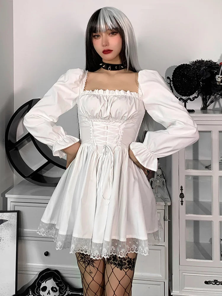 Spaghetti Strap Lace Satin Slip Party Mini Harajuku Vintage Square Collar Puff Sleeve Dress