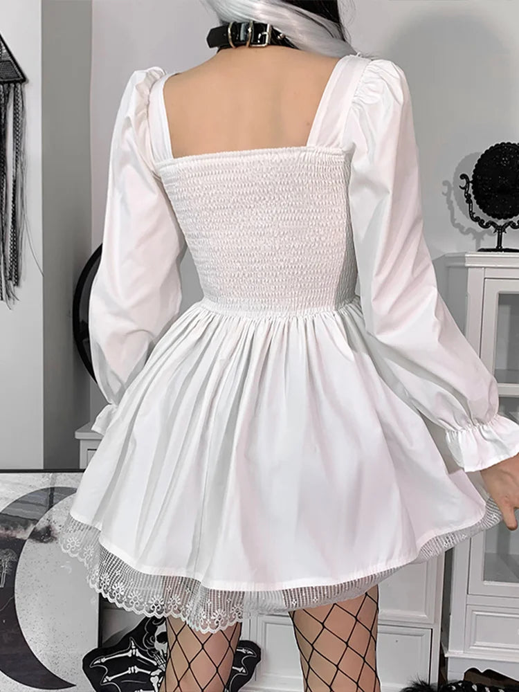 Square Neck Corset Lace-Up Puff Sleeve Pleated Lace Trim Gothic Mini Dress
