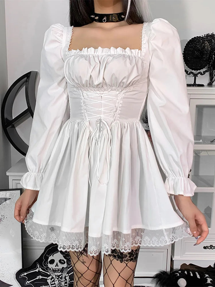 Spaghetti Strap Lace Satin Slip Party Mini Harajuku Vintage Square Collar Puff Sleeve Dress