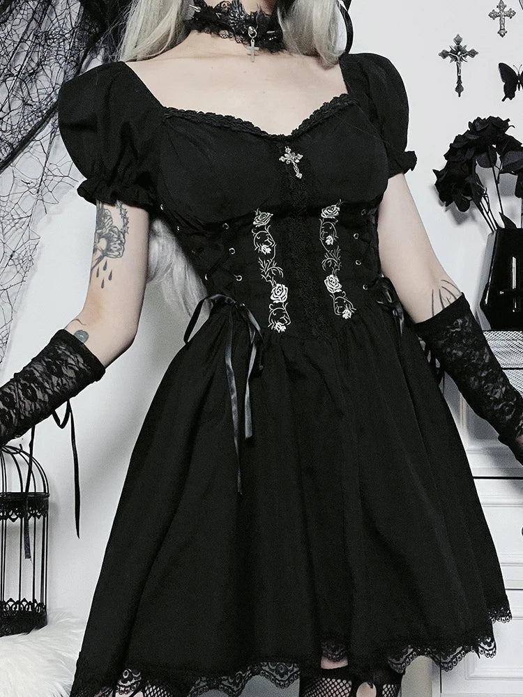 Sweetheart Corset Lace-Up Puff Sleeve Floral Embroidery Scalloped Lace Mini Dress
