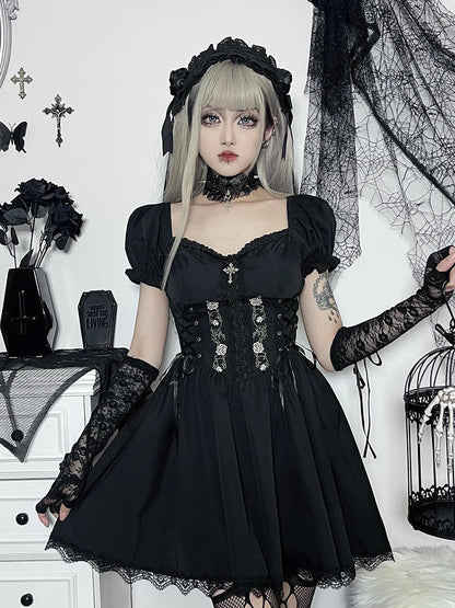 Sweetheart Corset Lace-Up Puff Sleeve Floral Embroidery Scalloped Lace Mini Dress