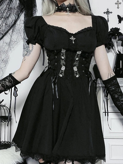Sweetheart Corset Lace-Up Puff Sleeve Floral Embroidery Scalloped Lace Mini Dress